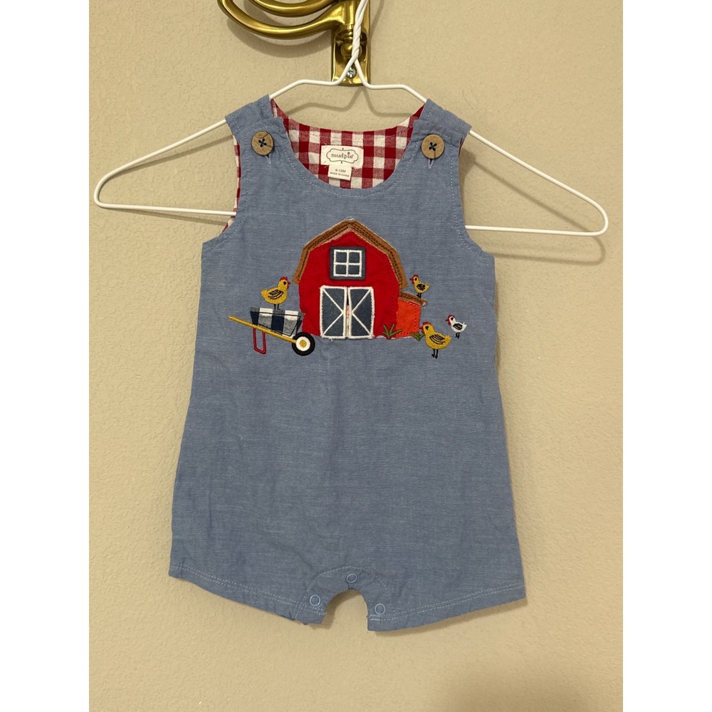 Mud Pie Barnyard Romper Kids 9-12M Blue Farm Applique Gingham Lining